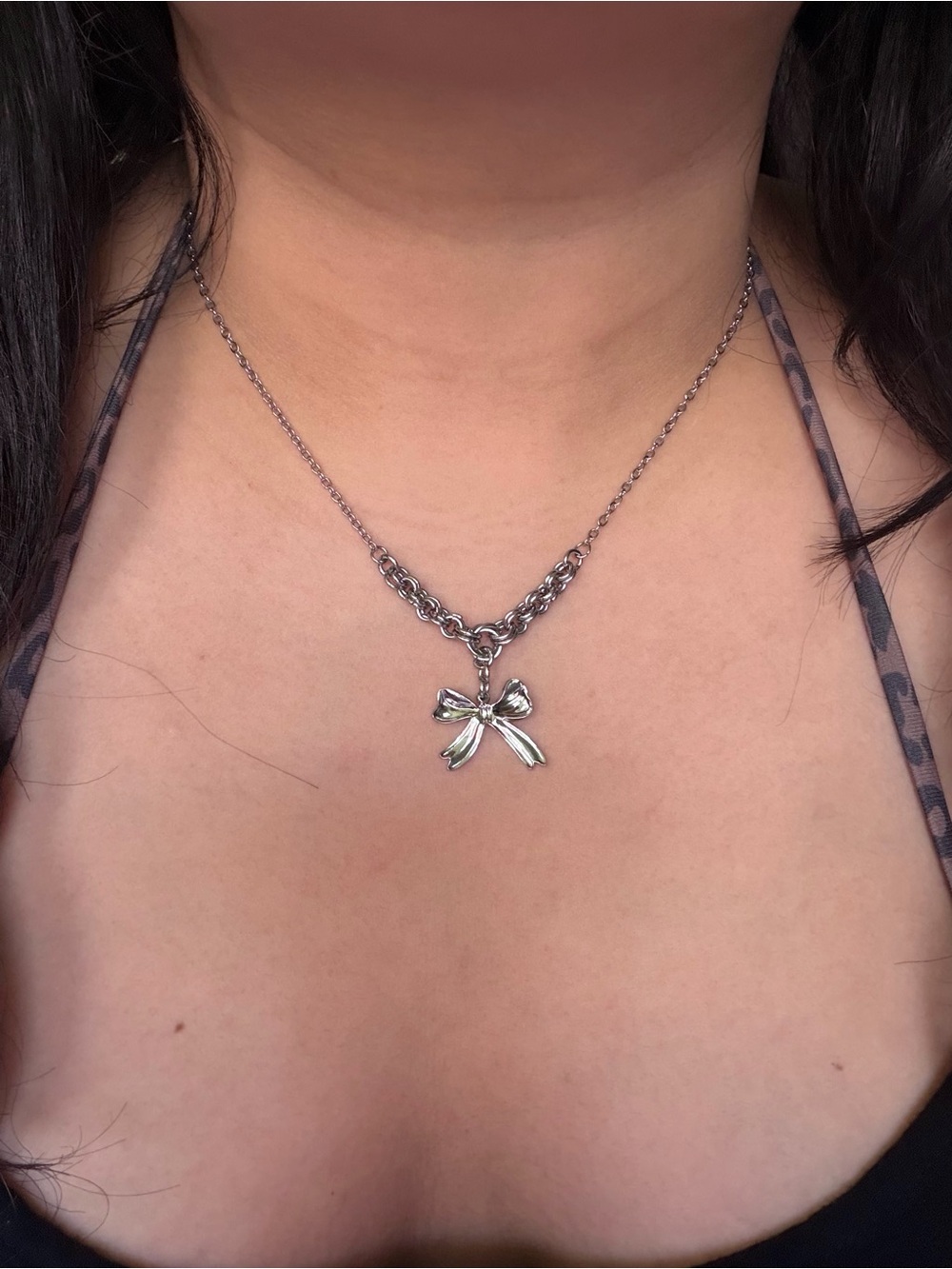 Silver Bow Pendant Necklace Stainless Steel
